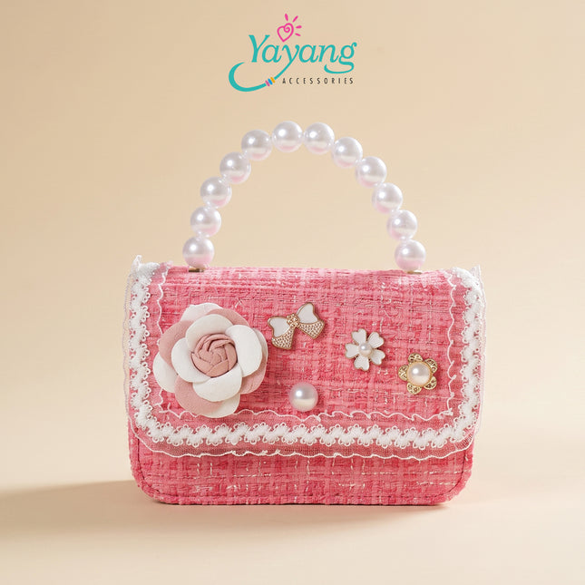 Yayang as Selempang Anak & Remaja Bahan Tweed Gagang Mutiara Aksen Bunga Mawar 3D & Mutiara