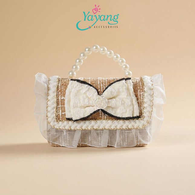 Yayang Tas Selempang Anak Perempuan Tweed Mini Handbag with Pearl Handle & Statement Bow Series