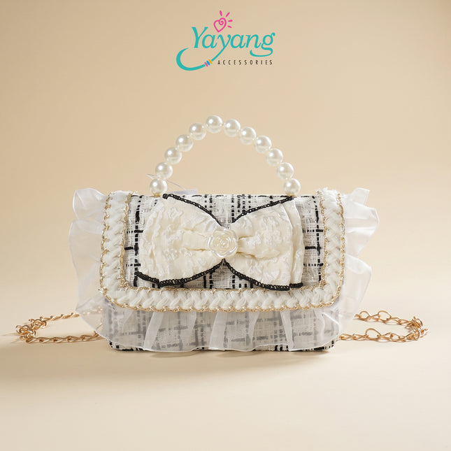 Yayang Tas Selempang Anak Perempuan Tweed Mini Handbag with Pearl Handle & Statement Bow Series