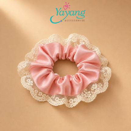 Yayang Scrunchie Satin Premium Kombinasi Renda Floral