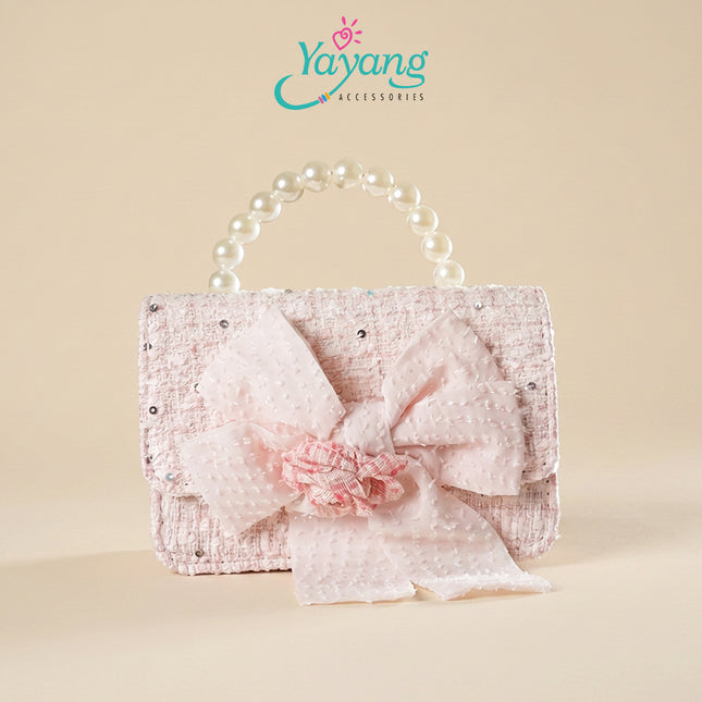 Yayang Tas Selempang Anak Perempuan Pita Besar Tweed Mini Handbag with Pearl Handle & Statement Rosette Bow