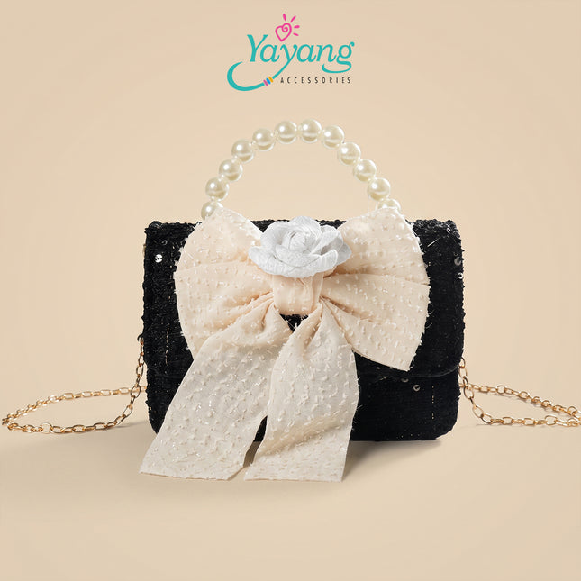 Yayang Tas Selempang Anak Perempuan Pita Besar Tweed Mini Handbag with Pearl Handle & Statement Rosette Bow