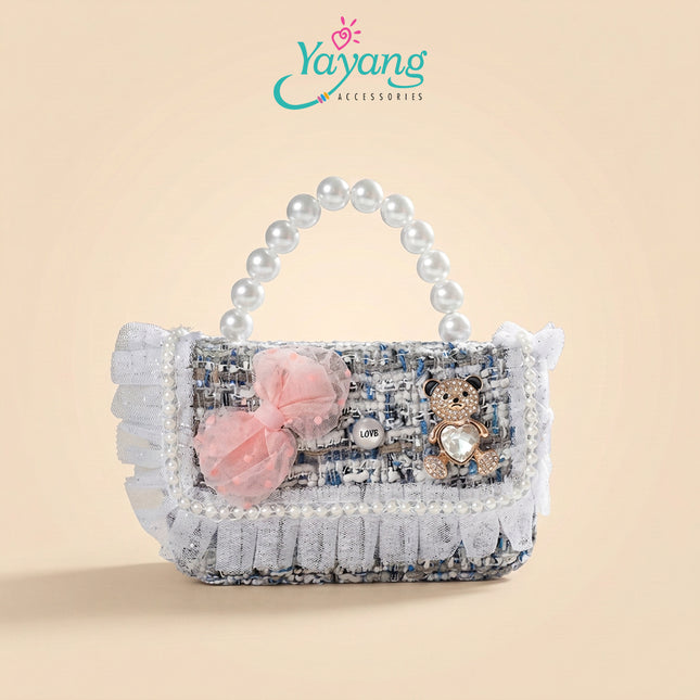 Yayang Tas Selempang Anak & Remaja Bahan Tweed with Pearl Handle & Crystal Bear Series