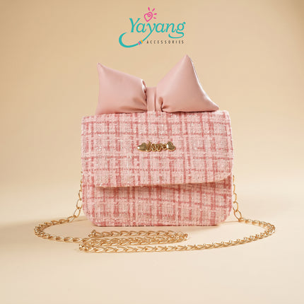 Yayang Tas Selempang Anak & Remaja Bahan Tweed Aksen Pita Kulit & Rantai Emas