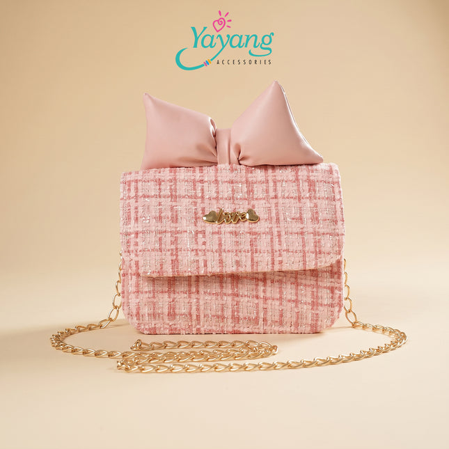 Yayang Tas Selempang Anak & Remaja Bahan Tweed Aksen Pita Kulit & Rantai Emas
