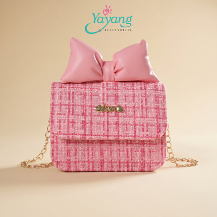 Yayang Tas Selempang Anak & Remaja Bahan Tweed Aksen Pita Kulit & Rantai Emas
