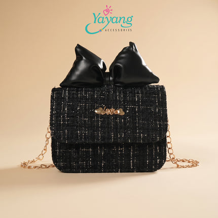 Yayang Tas Selempang Anak & Remaja Bahan Tweed Aksen Pita Kulit & Rantai Emas