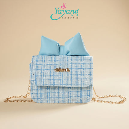 Yayang Tas Selempang Anak & Remaja Bahan Tweed Aksen Pita Kulit & Rantai Emas
