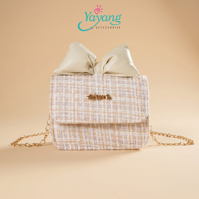 Yayang Tas Selempang Anak & Remaja Bahan Tweed Aksen Pita Kulit & Rantai Emas