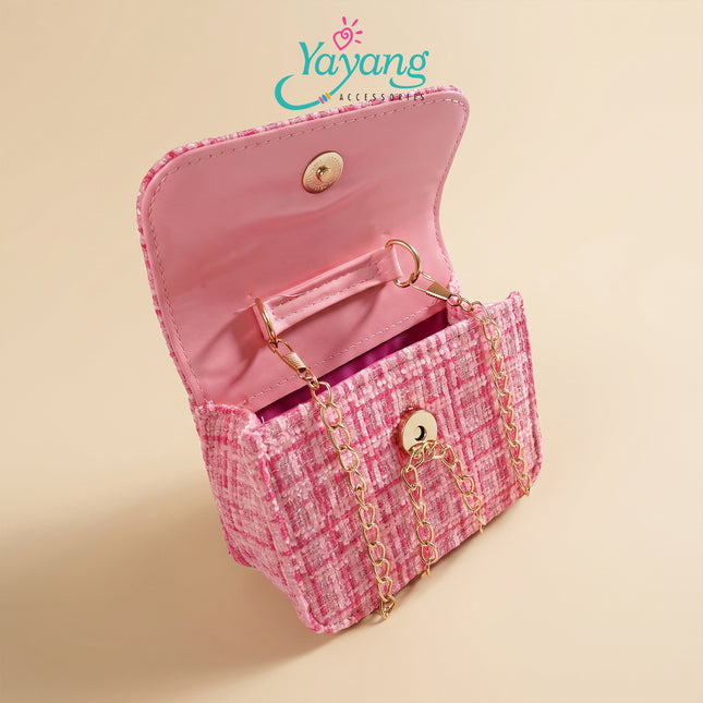 Yayang Tas Selempang Anak & Remaja Bahan Tweed Aksen Pita Kulit & Rantai Emas