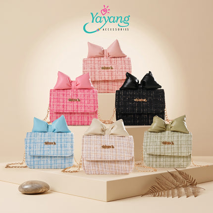 Yayang Tas Selempang Anak & Remaja Bahan Tweed Aksen Pita Kulit & Rantai Emas
