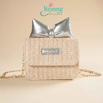 Yayang Tas Selempang Anyaman Jerami Straw Woven Bag Aksen Pita Kulit & Rantai Emas