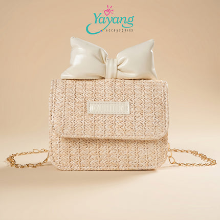 Yayang Tas Selempang Anyaman Jerami Straw Woven Bag Aksen Pita Kulit & Rantai Emas