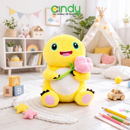 CINDY Boneka Karakter Nailong Lucu – Dino Kuning Plush Toy Lembut Pegang Bunga Mainan Anak & Hadiah