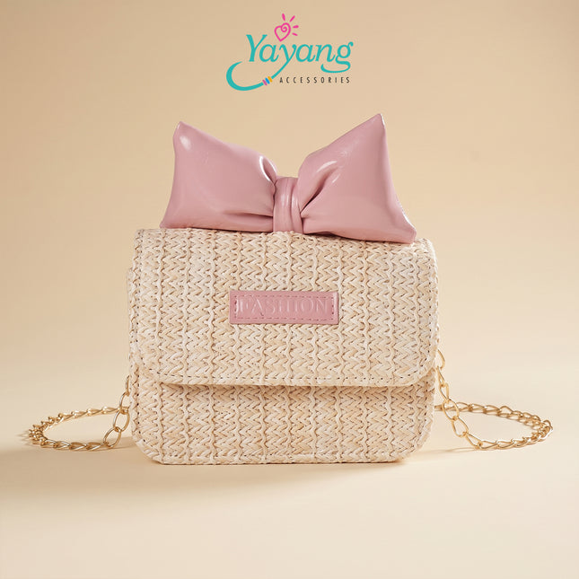 Yayang Tas Selempang Anyaman Jerami Straw Woven Bag Aksen Pita Kulit & Rantai Emas