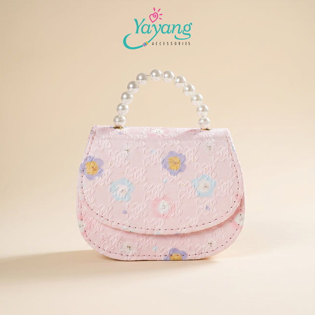 Yayang Tas Selempang Anak & Remaja Motif Bunga Floral Jacquard Gagang Mutiara Rantai Emas