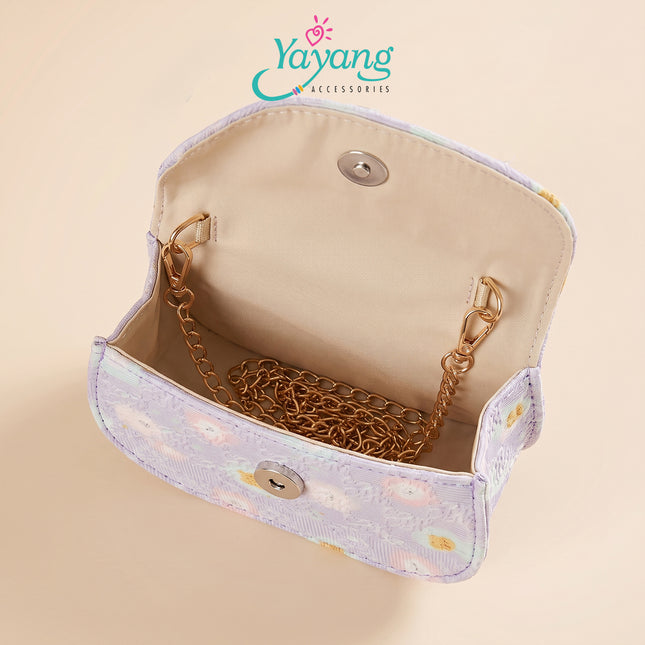 Yayang Tas Selempang Anak & Remaja Motif Bunga Floral Jacquard Gagang Mutiara Rantai Emas