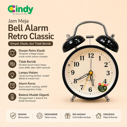 Cindy Jam Alarm Analog Meja Classic Vintage Bunyi Nyaring Quartz Minimalis Kamar Tidur