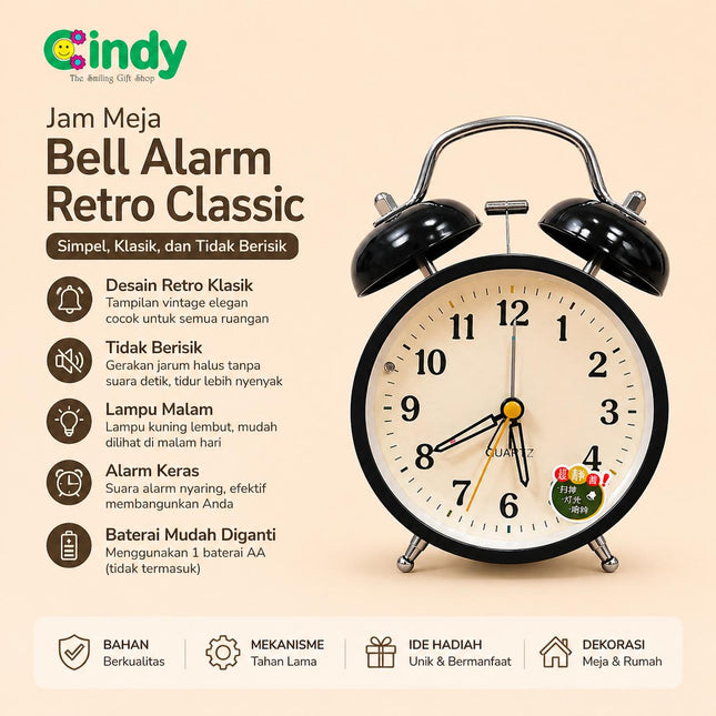 Cindy Jam Alarm Analog Meja Classic Vintage Bunyi Nyaring Quartz Minimalis Kamar Tidur
