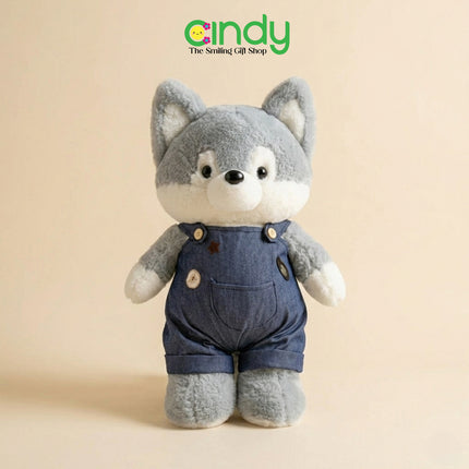 Cindy Boneka Anjing Husky Pakai Overall Jeans Lucu - Boneka Plush Toys Anak Premium Empuk Kado Anak