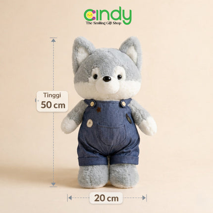 Cindy Boneka Anjing Husky Pakai Overall Jeans Lucu - Boneka Plush Toys Anak Premium Empuk Kado Anak