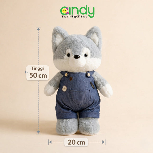 Cindy Boneka Anjing Husky Pakai Overall Jeans Lucu - Boneka Plush Toys Anak Premium Empuk Kado Anak