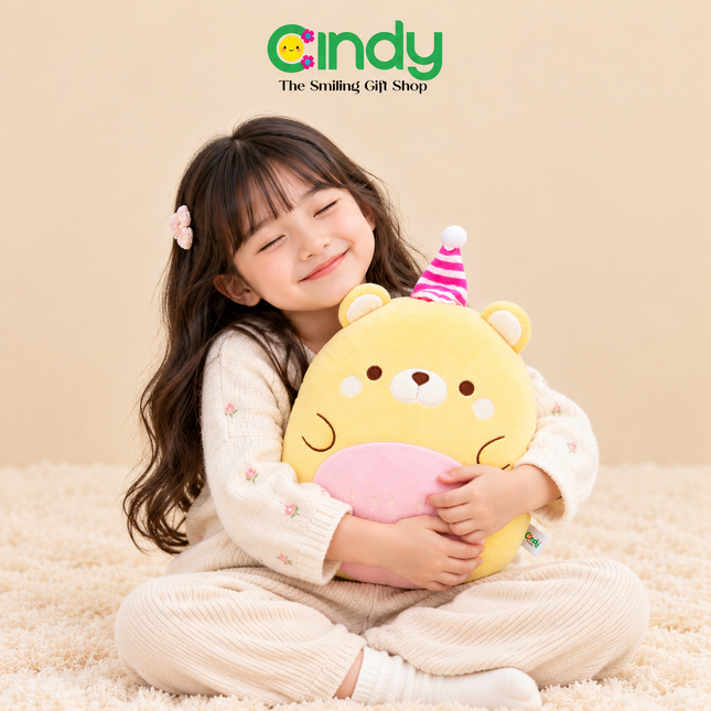 Cindy Bantal Cushion Plush Birthday Bear – Boneka Beruang Topi Ulang Tahun Premium