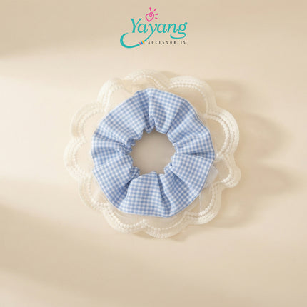 Yayang Scrunchie Ikat Rambut Motif Gingham Aksen Renda