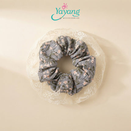 Yayang Scrunchie Satin Premium Kombinasi Renda Floral