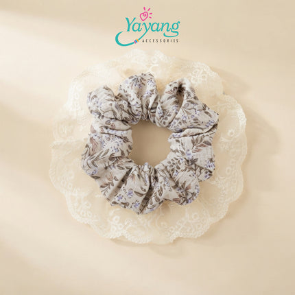 Yayang Scrunchie Satin Premium Kombinasi Renda Floral