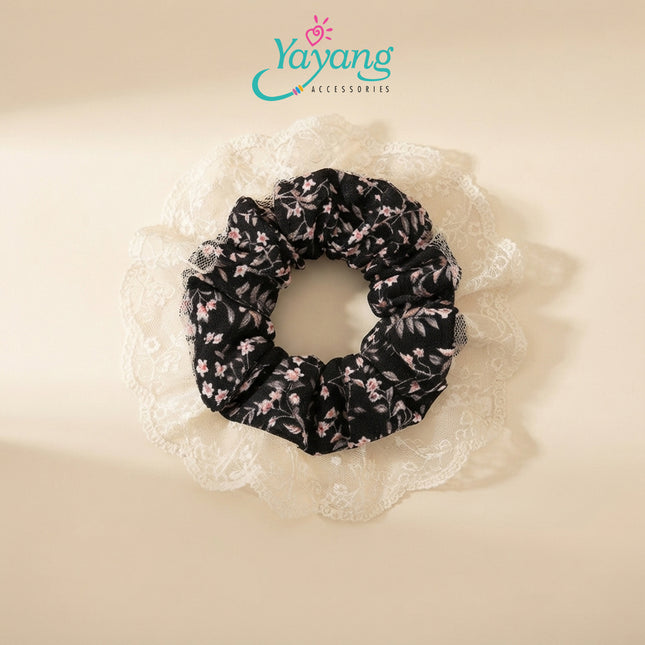 Yayang Scrunchie Satin Premium Kombinasi Renda Floral