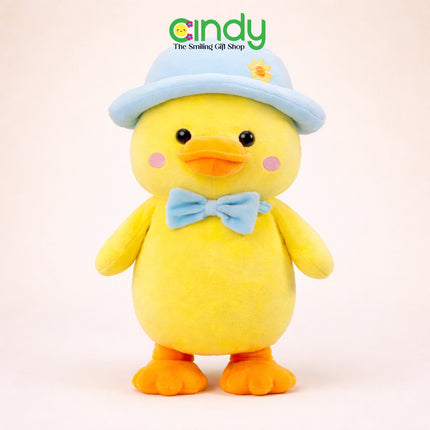 Cindy Boneka Bebek Pierre Lucu Lembut – Duck Plush Kuning dengan Topi & Syal Pink untuk Kado Anak