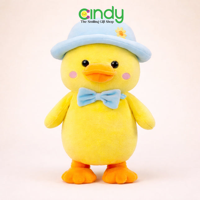 Cindy Boneka Bebek Pierre Lucu Lembut – Duck Plush Kuning dengan Topi & Syal Pink untuk Kado Anak