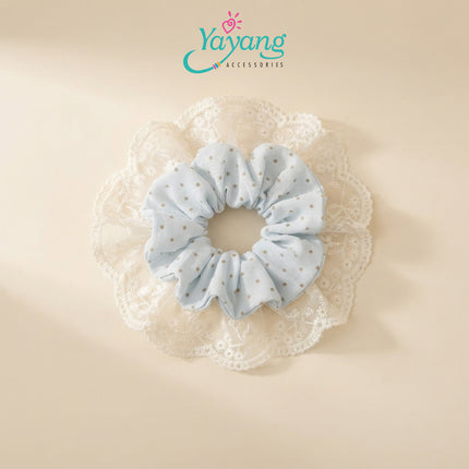 Yayang Scrunchie Ikat Rambut Motif Gingham Aksen Renda