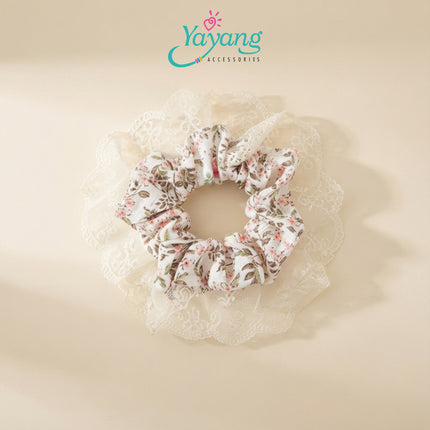 Yayang Scrunchie Satin Premium Kombinasi Renda Floral