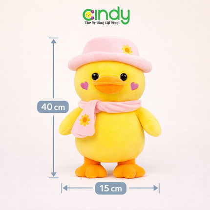 Cindy Boneka Bebek Pierre Lucu Lembut – Duck Plush Kuning dengan Topi & Syal Pink untuk Kado Anak