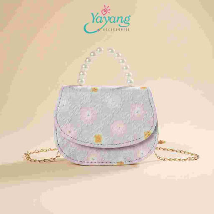 Yayang Tas Selempang Anak Perempuan Motif Bunga Korean Style Mini Sling Bag Handle Mutiara Tas Pesta Anak Lucu