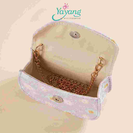 Yayang Tas Selempang Anak Perempuan Motif Bunga Korean Style Mini Sling Bag Handle Mutiara Tas Pesta Anak Lucu