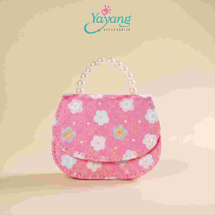 Yayang Tas Selempang Anak Perempuan Motif Bunga Korean Style Mini Sling Bag Handle Mutiara Tas Pesta Anak Lucu