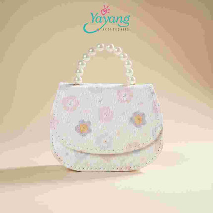 Yayang Tas Selempang Anak Perempuan Motif Bunga Korean Style Mini Sling Bag Handle Mutiara Tas Pesta Anak Lucu