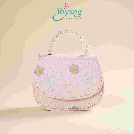Yayang Tas Selempang Anak Perempuan Motif Bunga Korean Style Mini Sling Bag Handle Mutiara Tas Pesta Anak Lucu