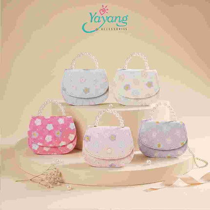 Yayang Tas Selempang Anak Perempuan Motif Bunga Korean Style Mini Sling Bag Handle Mutiara Tas Pesta Anak Lucu