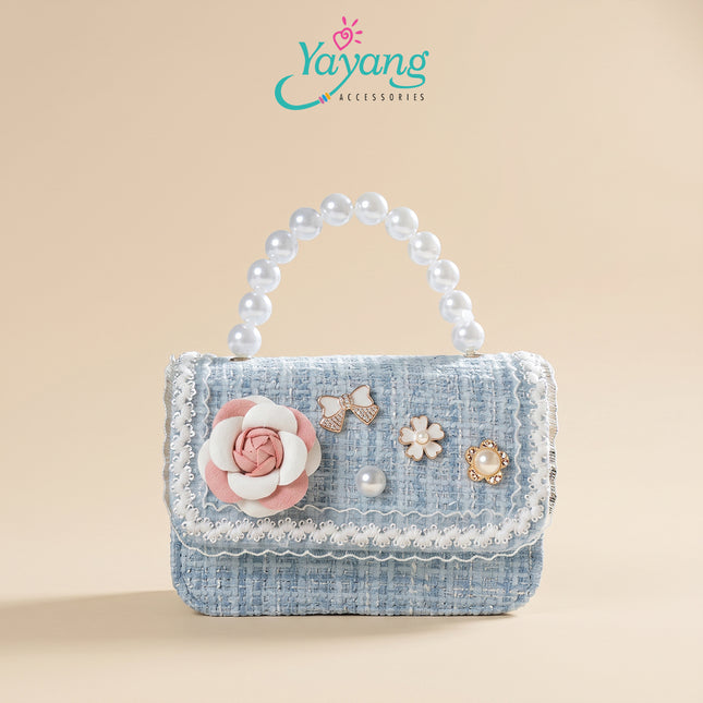 Yayang as Selempang Anak & Remaja Bahan Tweed Gagang Mutiara Aksen Bunga Mawar 3D & Mutiara