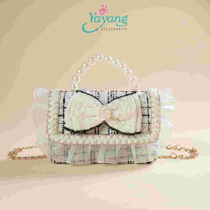 Yayang Tas Selempang Anak Perempuan Pita Mutiara Mini Sling Bag Tweed Korean Style Tas Pesta Anak Lucu