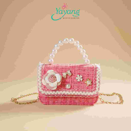 Yayang Tas Selempang Anak Perempuan Tweed Bunga Mutiara Mini Sling Bag Tas Pesta Korean Style Elegan