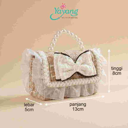 Yayang Tas Selempang Anak Perempuan Pita Mutiara Mini Sling Bag Tweed Korean Style Tas Pesta Anak Lucu