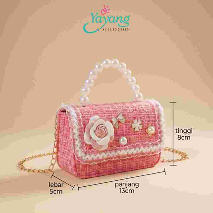 Yayang Tas Selempang Anak Perempuan Tweed Bunga Mutiara Mini Sling Bag Tas Pesta Korean Style Elegan