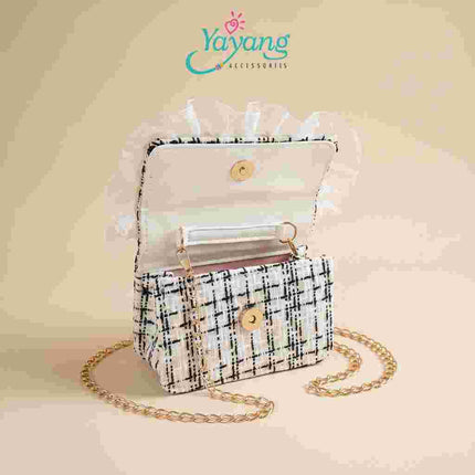 Yayang Tas Selempang Anak Perempuan Pita Mutiara Mini Sling Bag Tweed Korean Style Tas Pesta Anak Lucu
