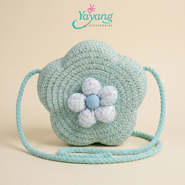 YAYANG Sling Bag Tas Jerami Bentuk Bunga - Tas Selempang Anak Rajut Pita Bunga Lucu Premium