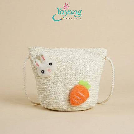 Yayang Tas Selempang Jerami Anak Perempuan  Kelinci Wortel Jeruk Tas Anak Lucu Korean Style Cute Bunny Fruit Bag-  Tas Fashion Anak